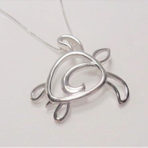 STERLING SILVER NAUTICAL OCEAN SEA TURTLE SILHOUETTE SEA LIFE PENDANT NECKLACE